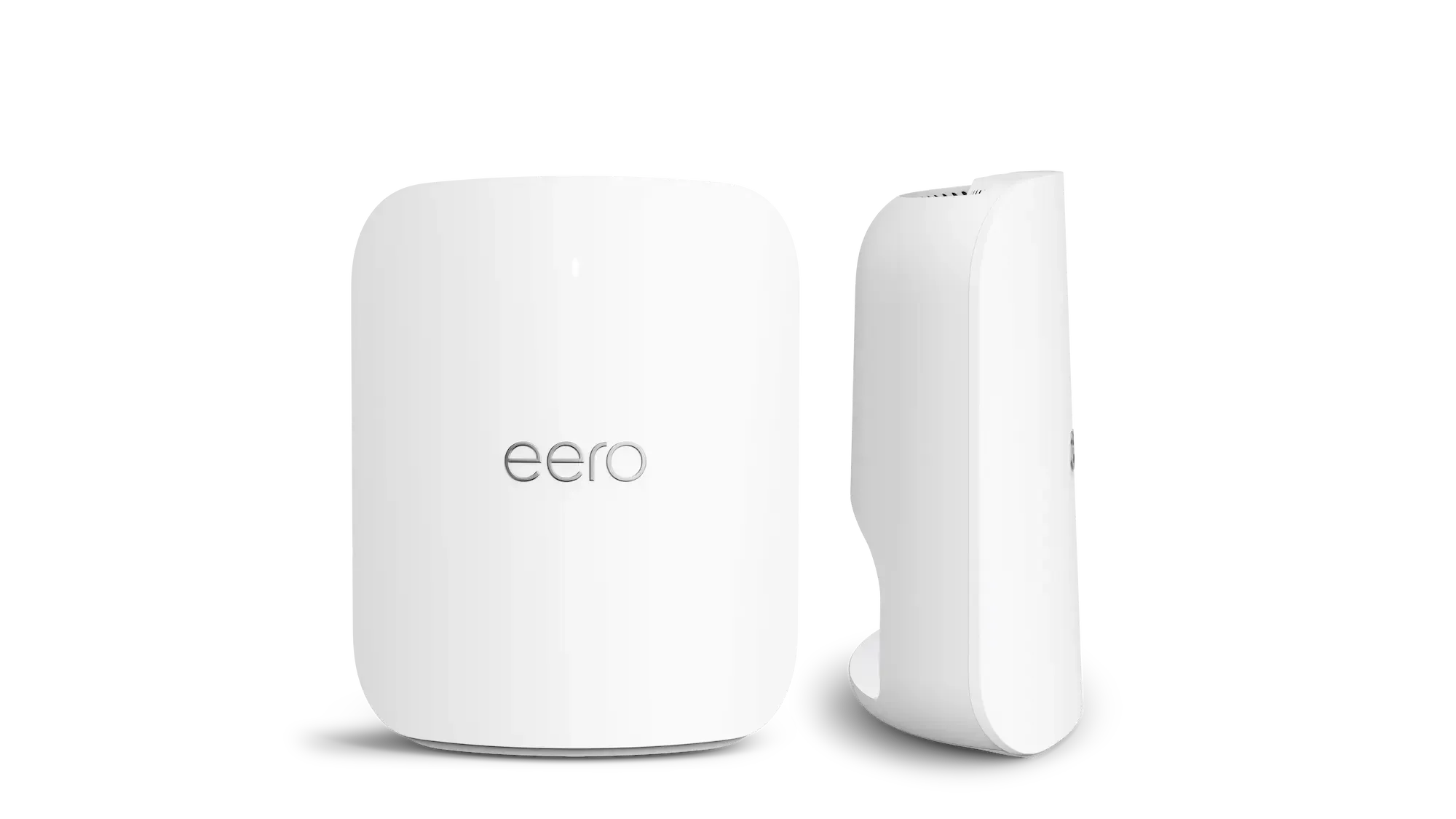 A front and side view of a white eero Pro 7 mesh Wi-Fi router against a solid black background.